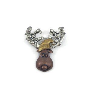Christmas Moose Brooch Tri Color Metal
